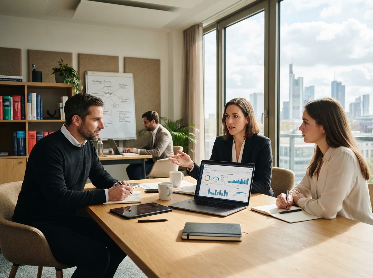 Fortress Counsel Analystenteam bei der Auswertung von Marktdaten am Bildschirm
